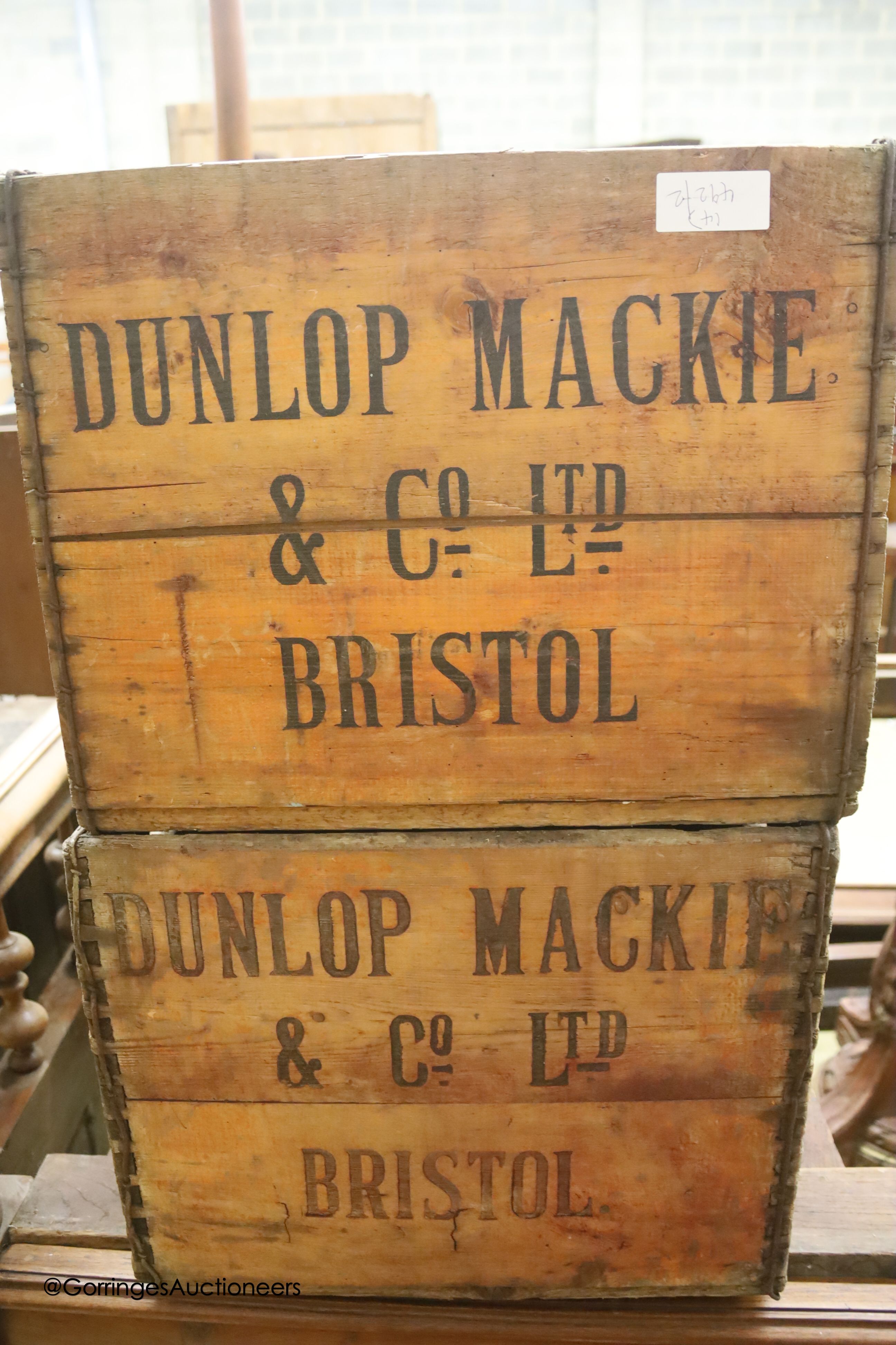 Four vintage wooden wine crates, width 43cm